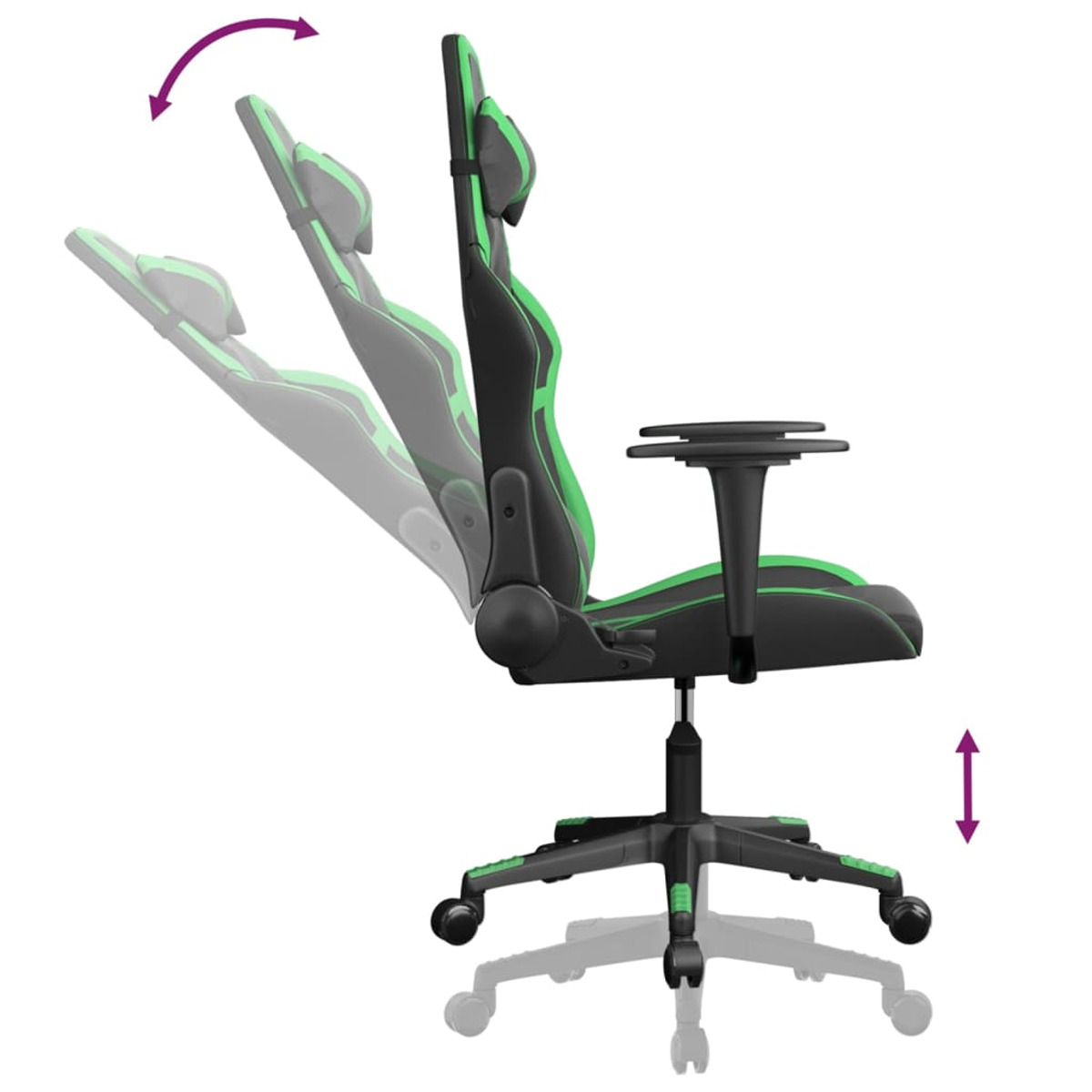 Gaming-Stuhl, Seitenansicht, verstellbare Kopfstütze und Rückenlehne. Der Stuhl ist schwarz und grün, mit Bewegungspfeilen.