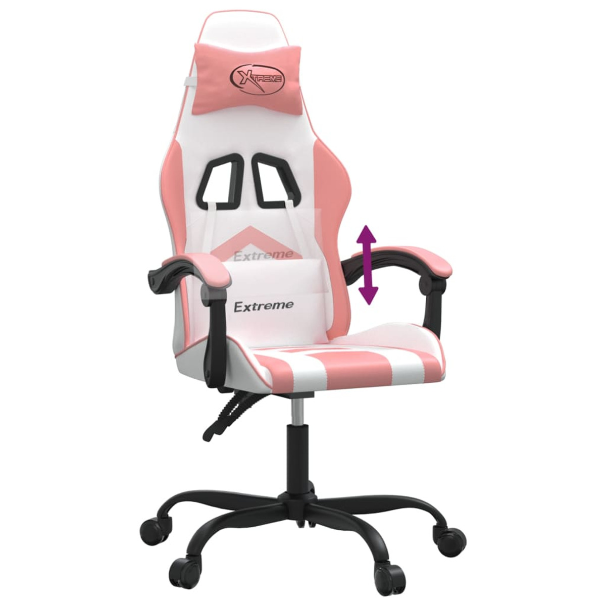 Rosa-weißer Gaming-Stuhl. Pfeile zeigen verstellbare Armlehnen.