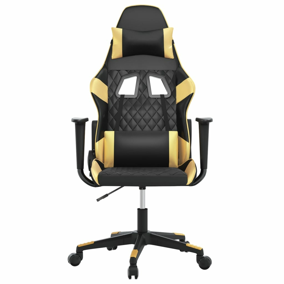 Ein Gaming-Stuhl mit schwarz-gelbem Design. Er hat eine Kopfstütze, Armlehnen und ein Lendenkissen.