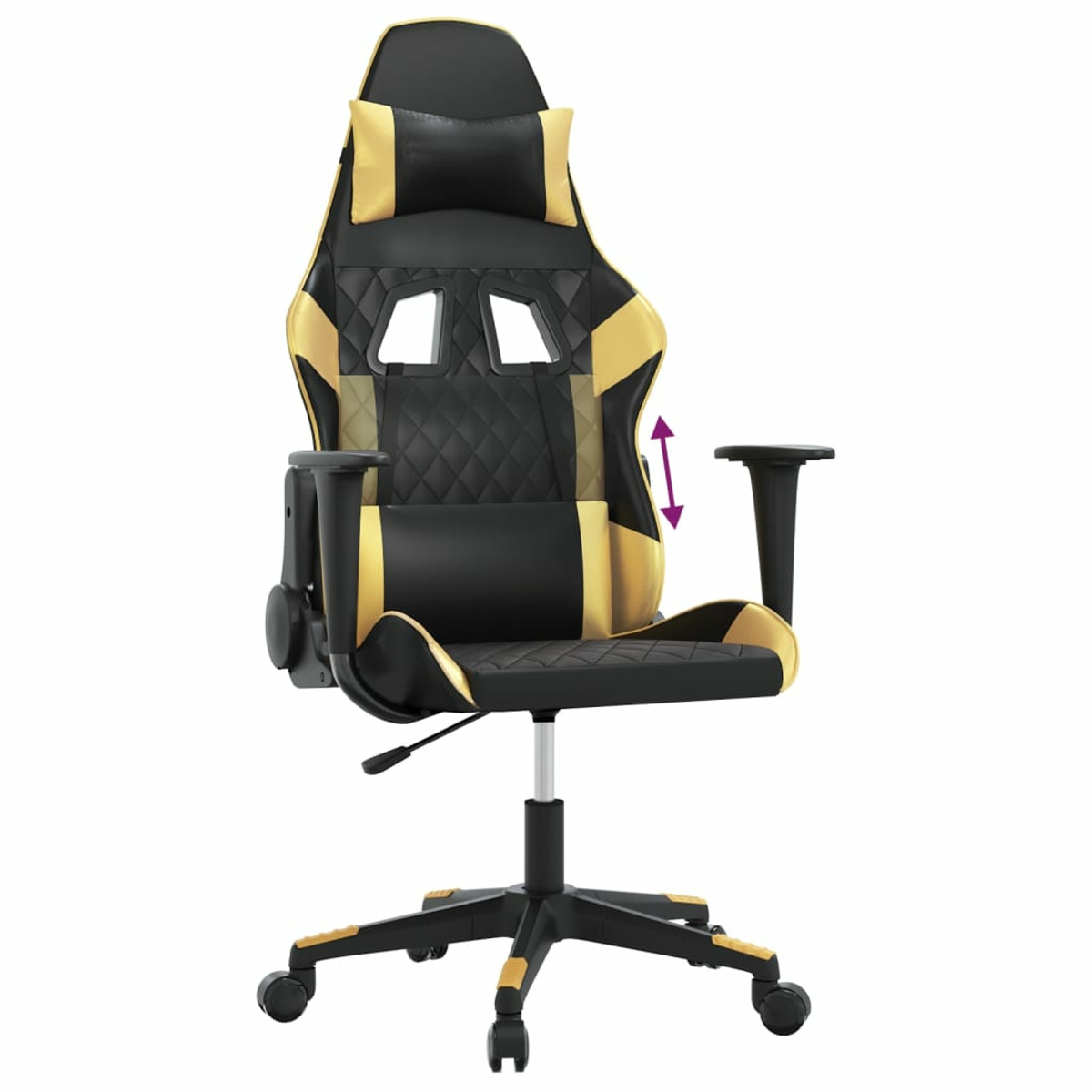 Schwarz-goldener Gaming-Stuhl mit verstellbaren Armlehnen.