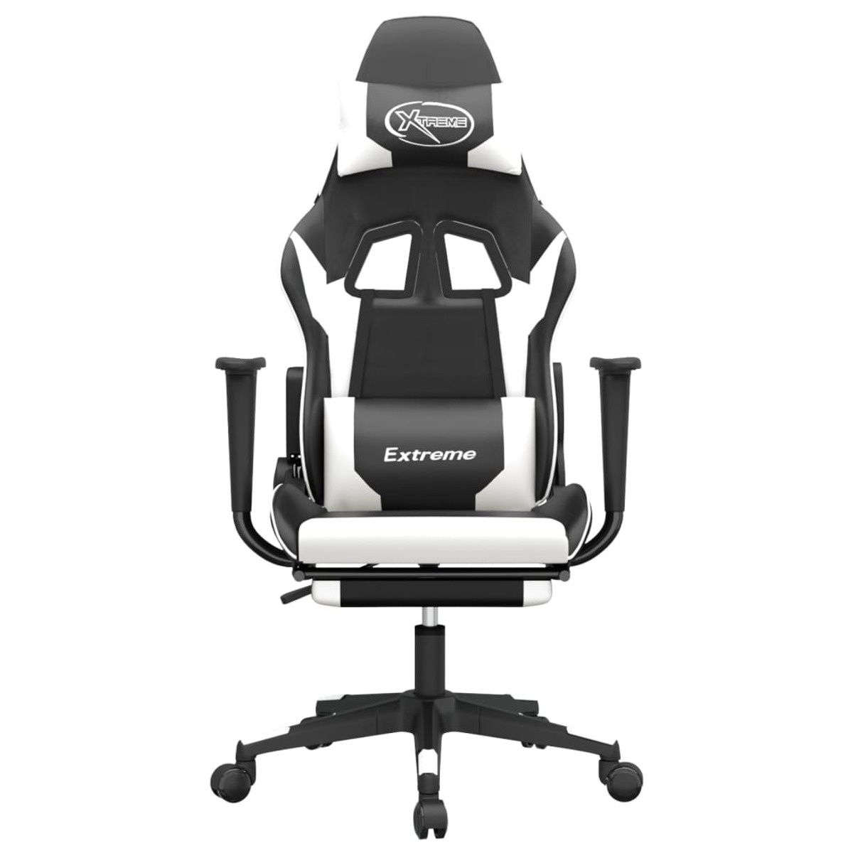 Schwarz-weißer Gaming-Stuhl. Das Logo lautet "Xtreme". Der Stuhl steht auf Rollen.