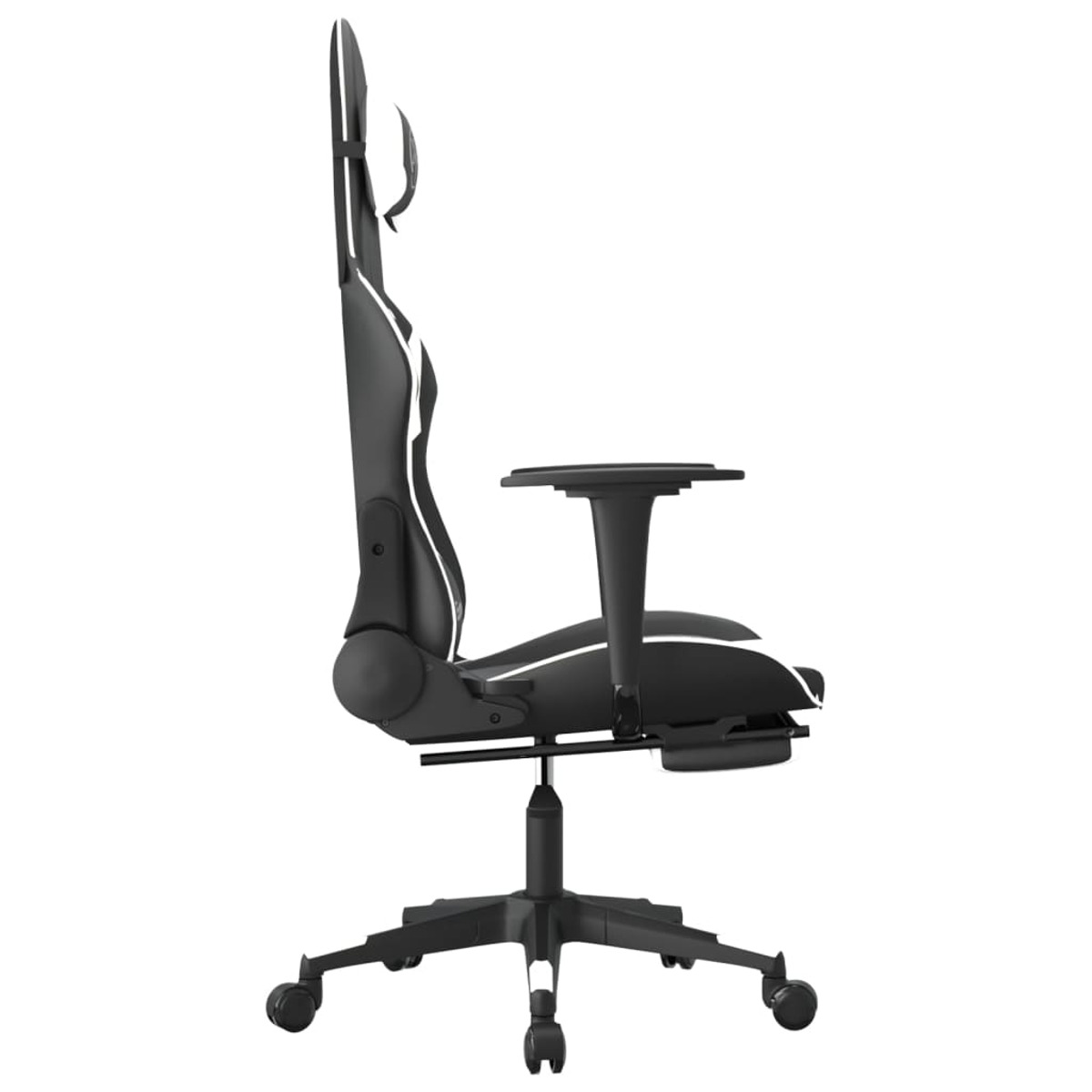 Gaming-Stuhl Seitenansicht, schwarz mit weißen Akzenten. Weißer Hintergrund.