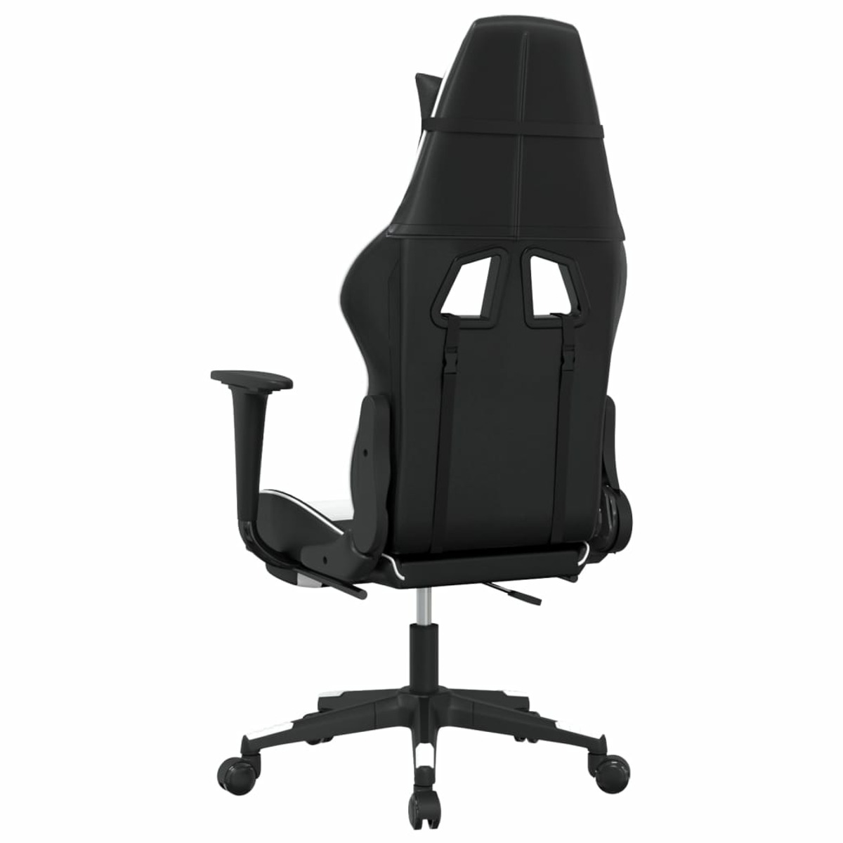 Schwarzer und weißer Gaming-Stuhl von hinten, Räder sichtbar, Armlehnen vorhanden.