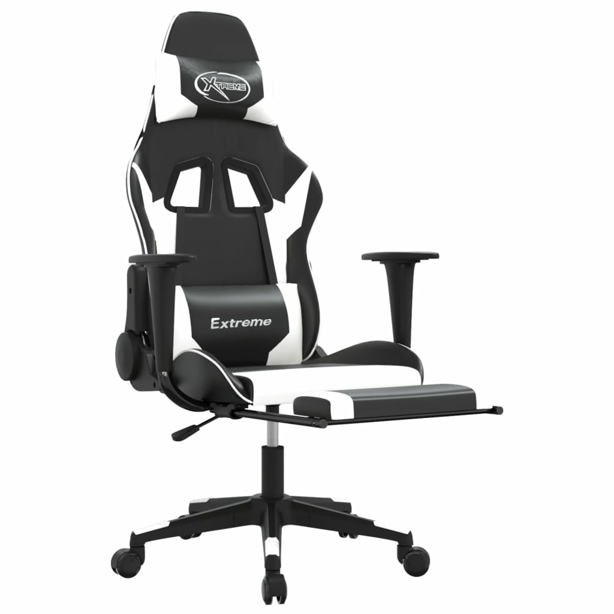 Schwarz-weißer Gaming-Stuhl mit Fußstütze auf weißem Hintergrund.
