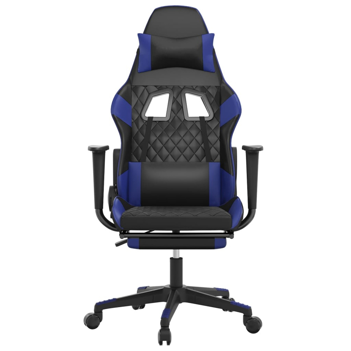 Blau-schwarzer Gaming-Stuhl, Vorderansicht, weißer Hintergrund, mit Fußstütze.