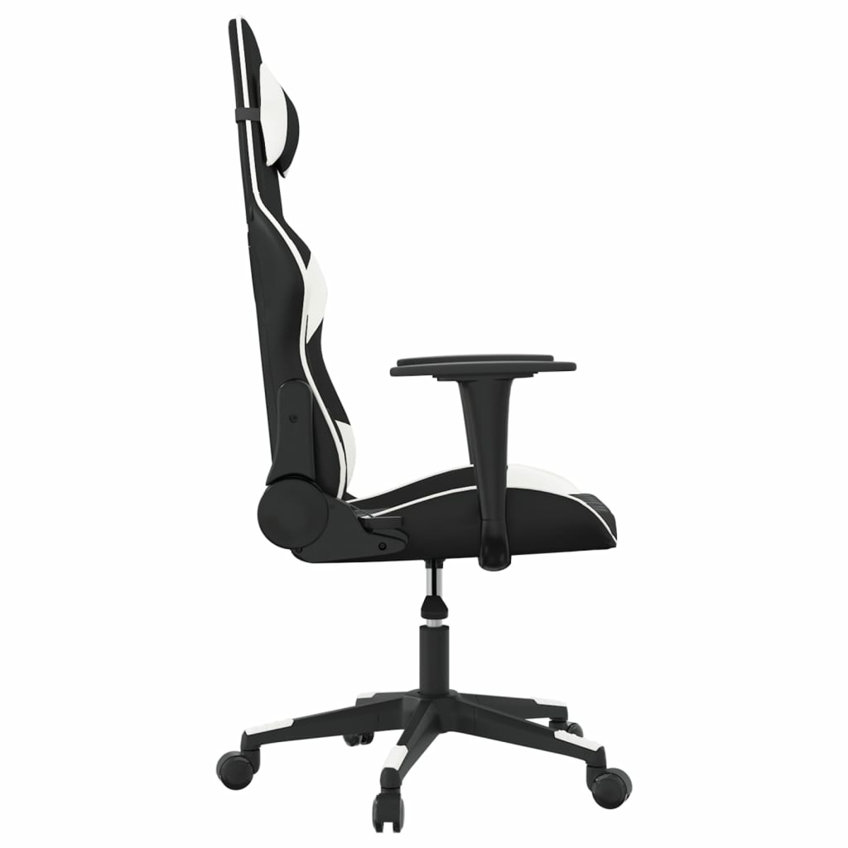 Weißer und schwarzer Gaming-Stuhl, Seitenansicht, auf weißem Grund.