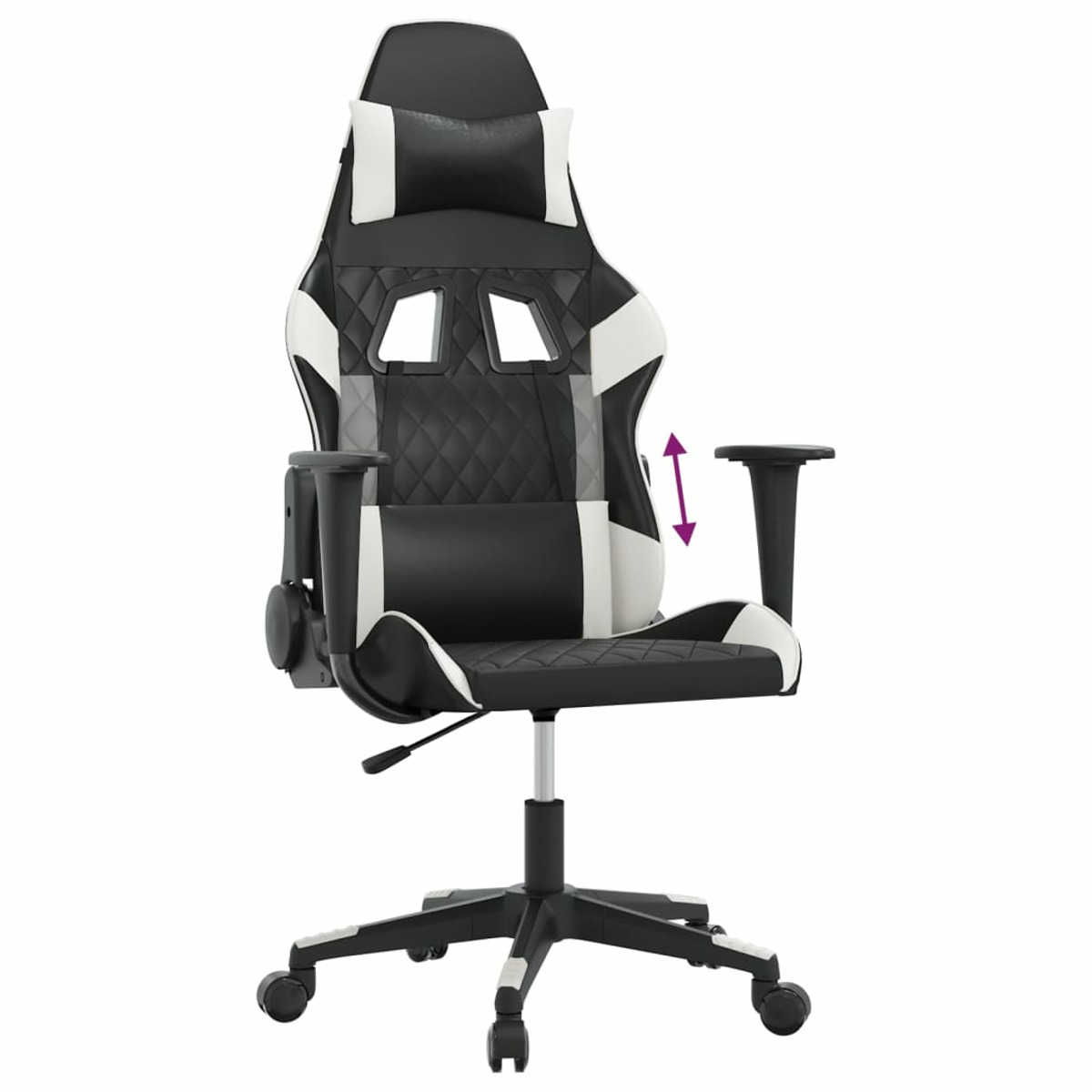 Ein Gaming-Stuhl, schwarz und weiß. Er hat eine Kopfstütze, ein Rautenmuster und verstellbare Armlehnen.