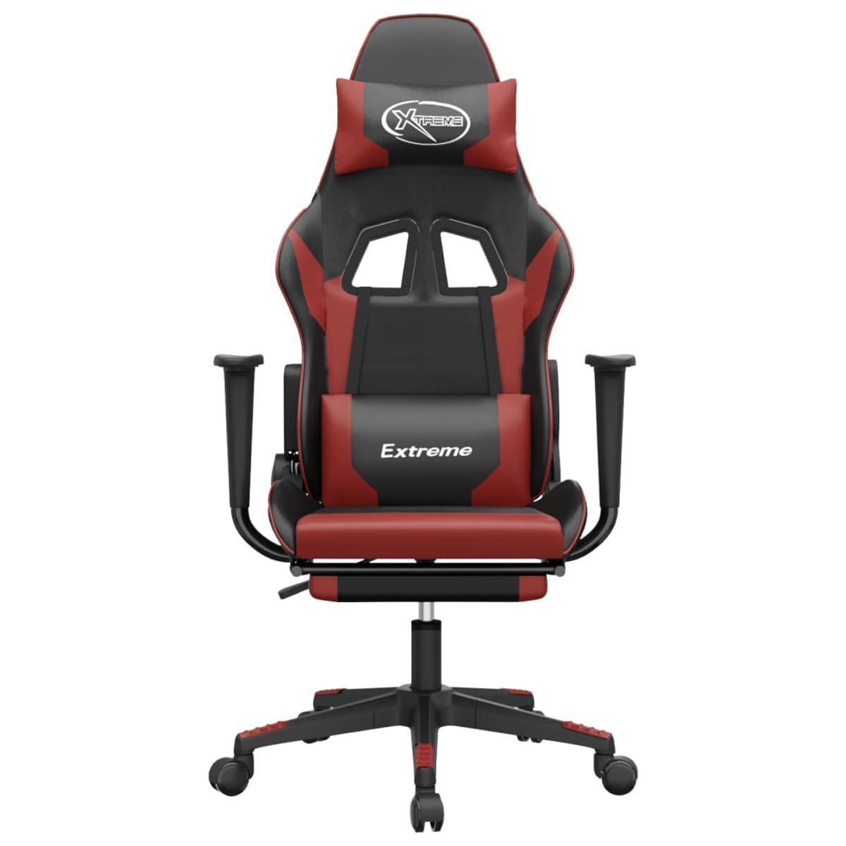 Schwarzer und roter Gaming-Stuhl mit dem Wort 'Extreme' auf Kopfstütze und Lendenwirbelstütze.