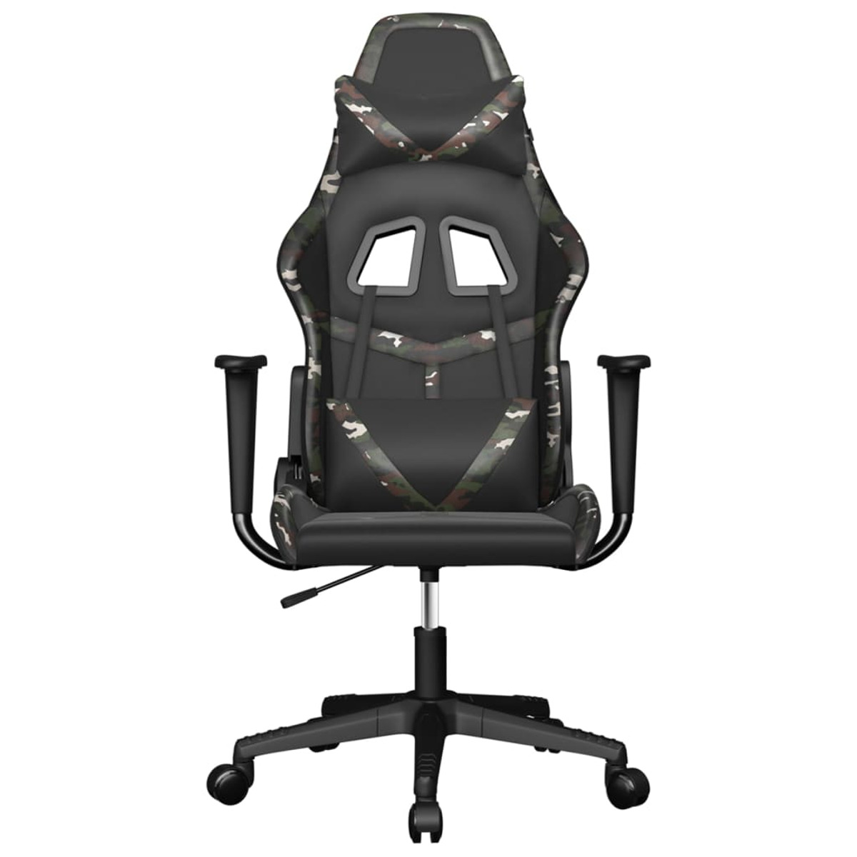 Ein schwarzer Gaming-Stuhl mit Camouflage-Muster auf Rückenlehne und Sitz.