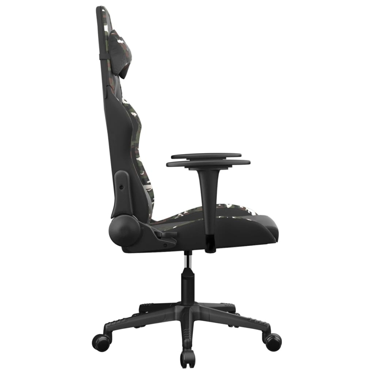 Gaming-Stuhl-Profil. Tarnmuster. Mit Armlehnen, Kopfstütze und hohem Rücken.