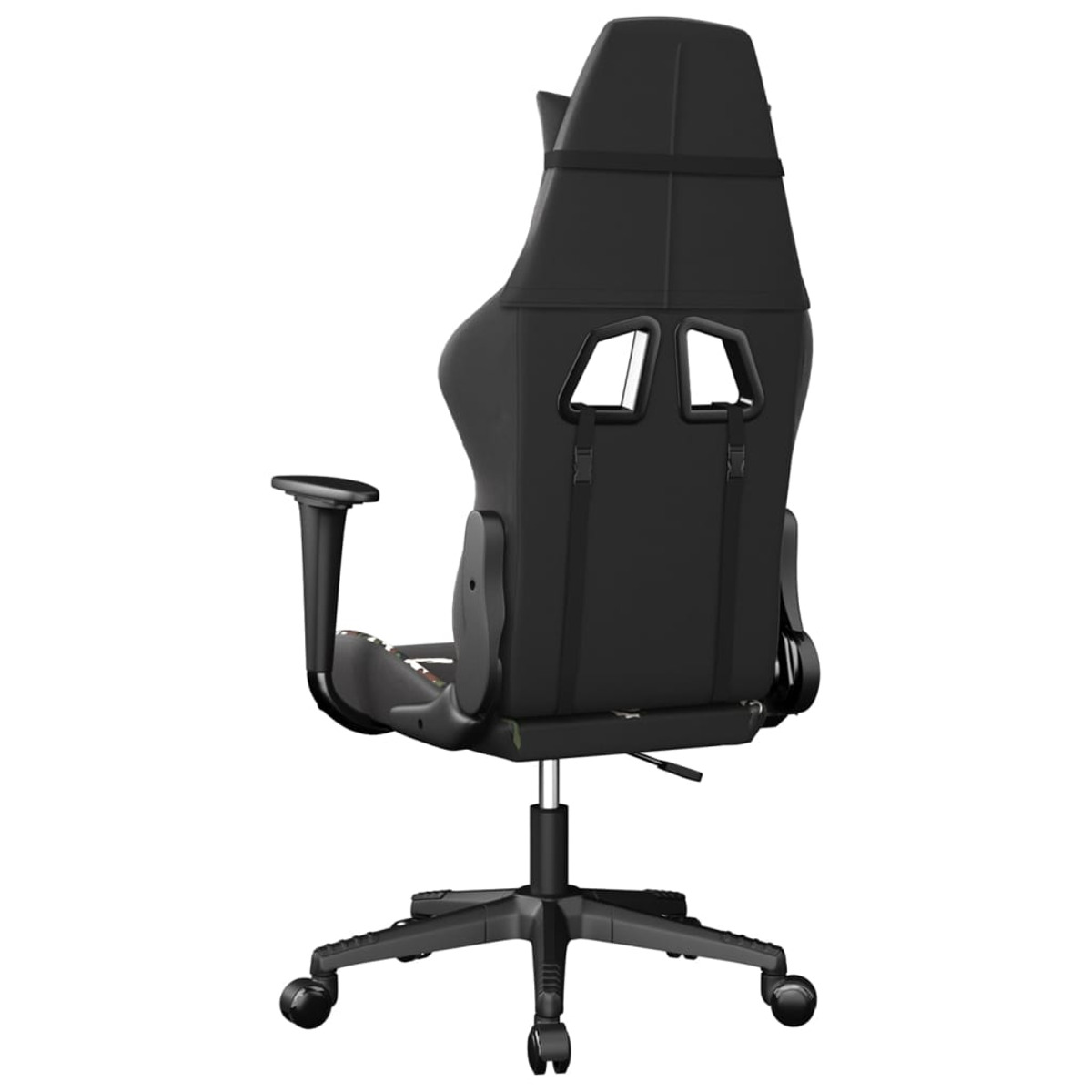 Schwarzer Gaming-Stuhl, Rückansicht, mit Rädern.