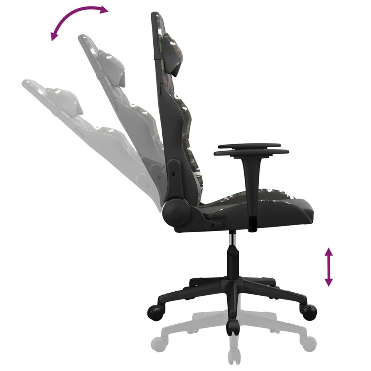 Gaming-Stuhl Seitenansicht. Schwarz, weiß und Tarnmuster. Pfeile zeigen Anpassungen und Neigung an.