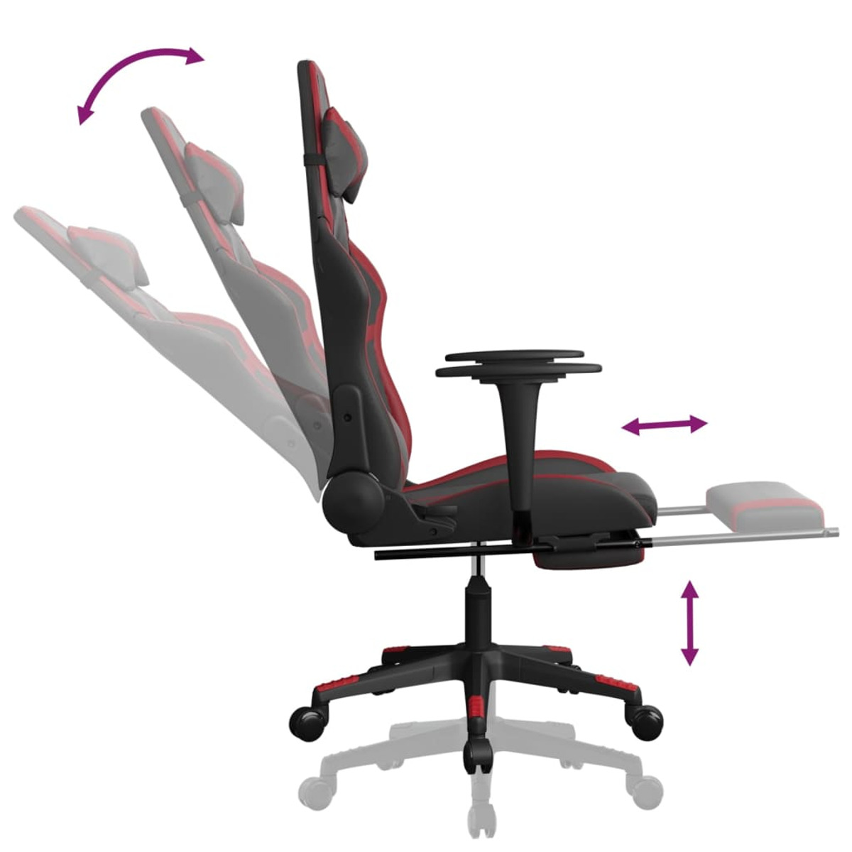 Roter und schwarzer Gaming-Stuhl mit kippbarer Kopfstütze, Fußstütze ausgefahren, Pfeil zeigt Einstellungen.