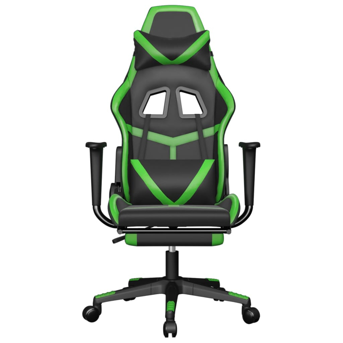 Grüner und schwarzer Gaming-Stuhl, Vorderansicht, mit 'Extreme'-Logo. Beinauflage.