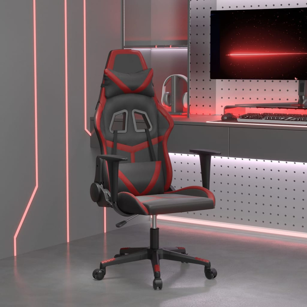 Gaming-Stuhl in einem Raum mit roten Neonlichtern und einem schwarz-roten Farbschema.