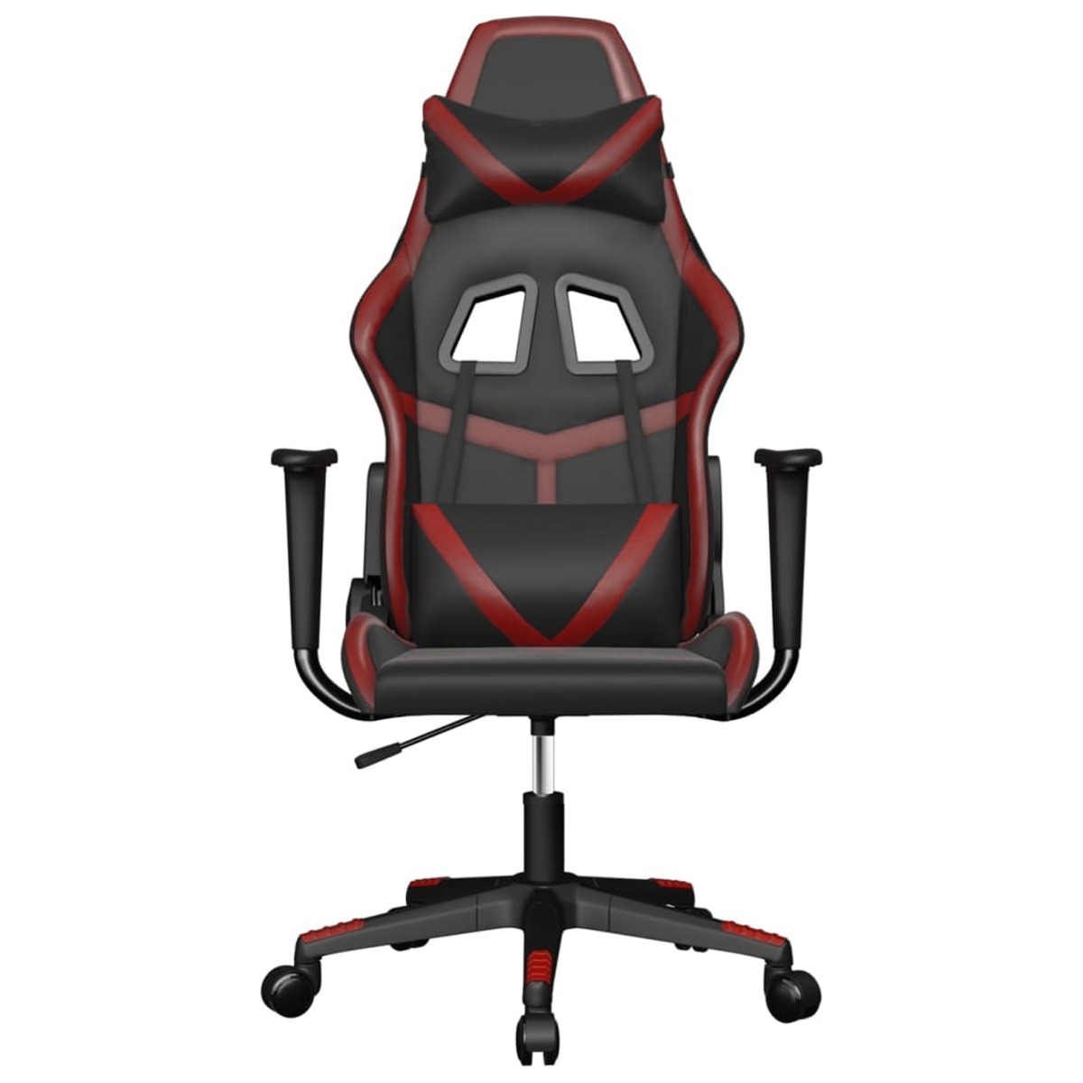 Gaming-Stuhl, Vorderansicht. Schwarz und rot. Er hat eine Kopfstütze, Armlehnen und eine schwarze Basis mit Rädern.