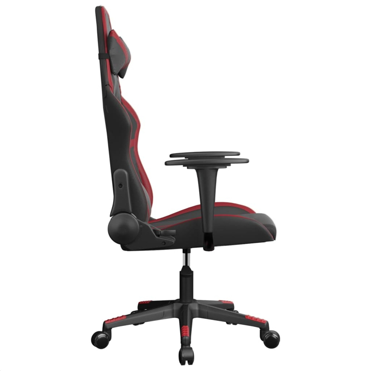 Schwarz-roter Gaming-Stuhl, Seitenansicht. Schwarze Basis und Armlehnen. Weißer Hintergrund.