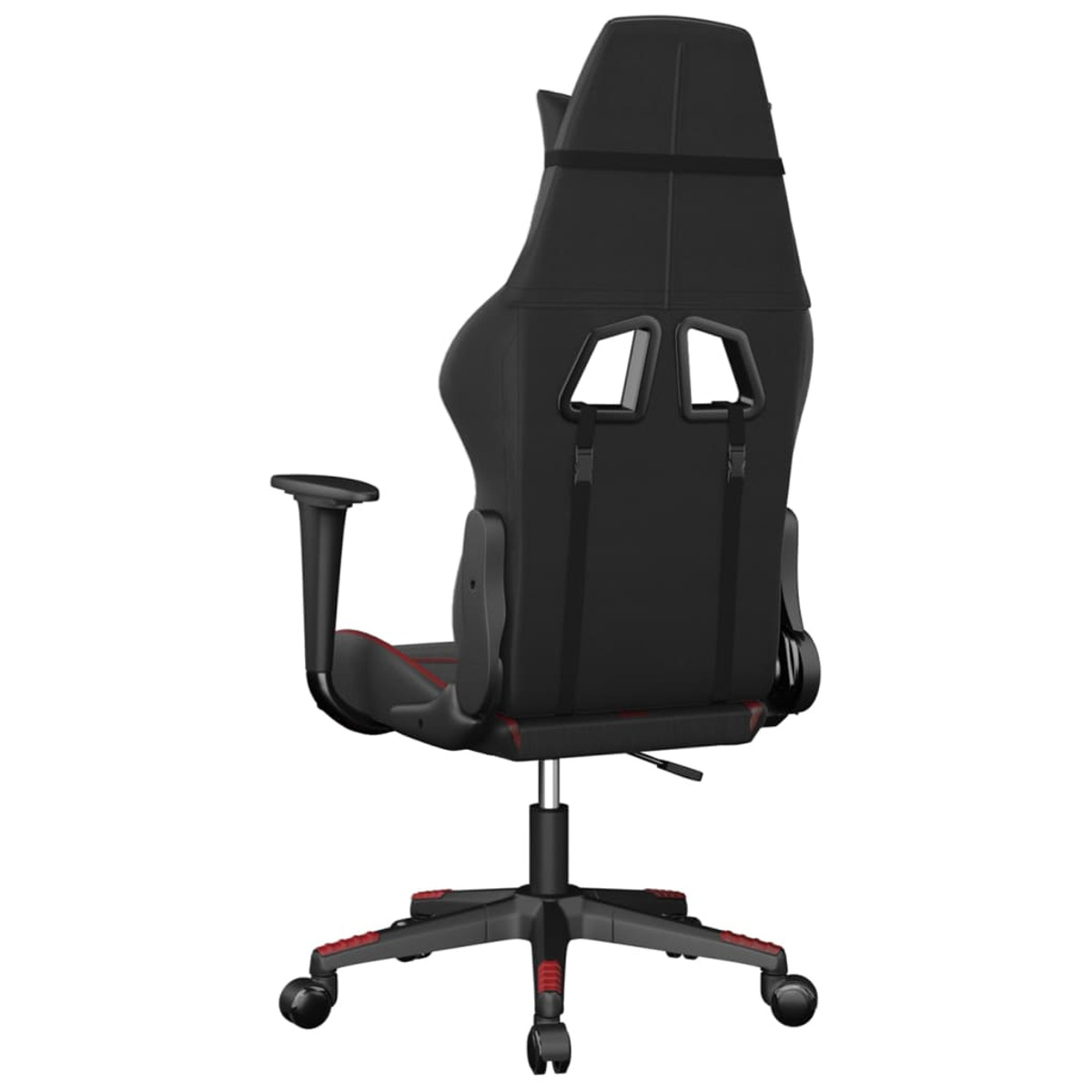 Die Rückseite eines schwarzen Gaming-Stuhls. Der Stuhl hat einen schwarzen Rahmen mit roten Akzenten.