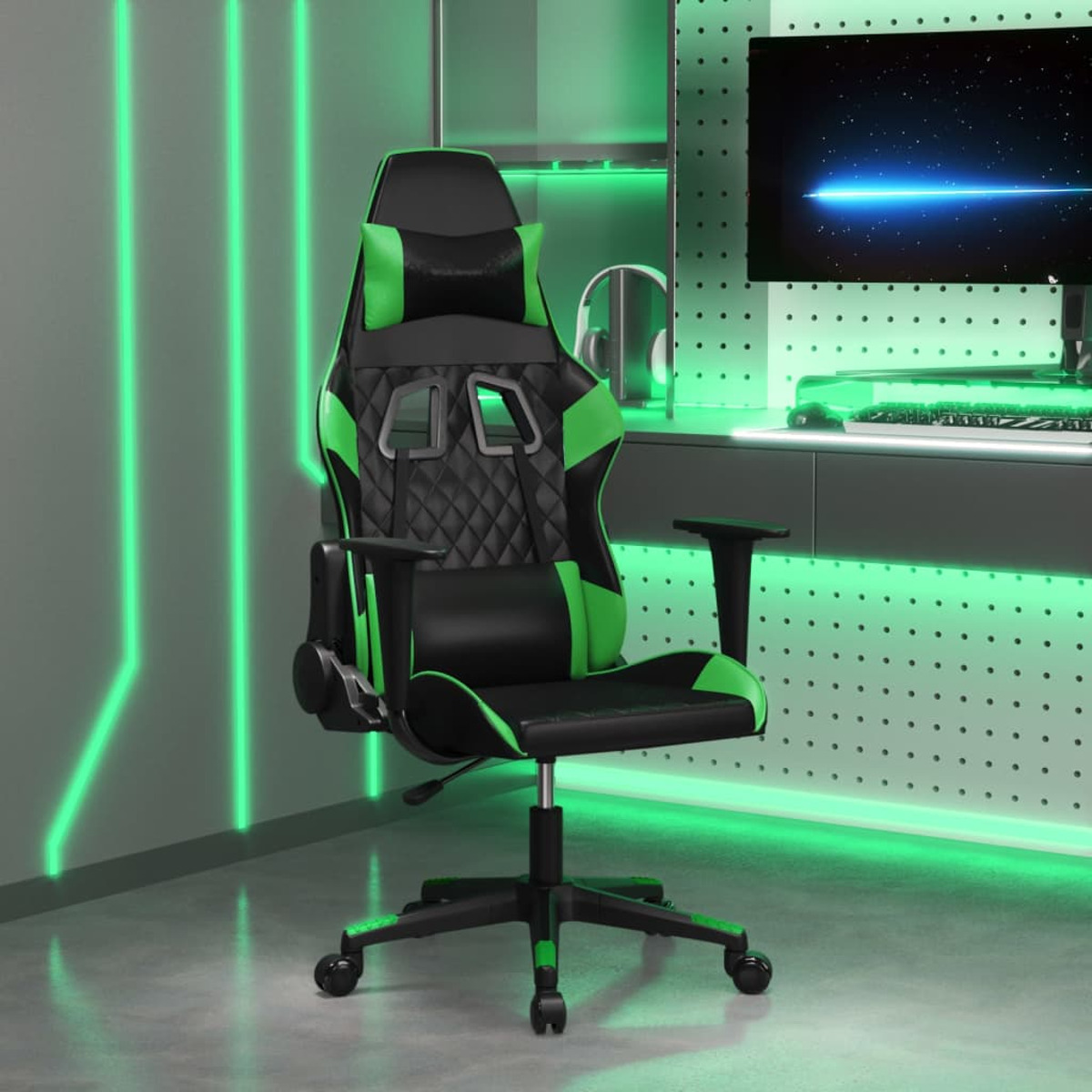 Gaming-Stuhl in einer Ecke. Schwarz und grün, mit grünen Neonlichtern und einem Monitor.