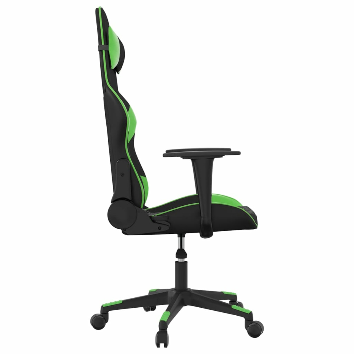 Grüner und schwarzer Gaming-Stuhl, Seitenansicht. Mit Kopfstütze, Armlehnen und Rädern auf schwarzer Basis.