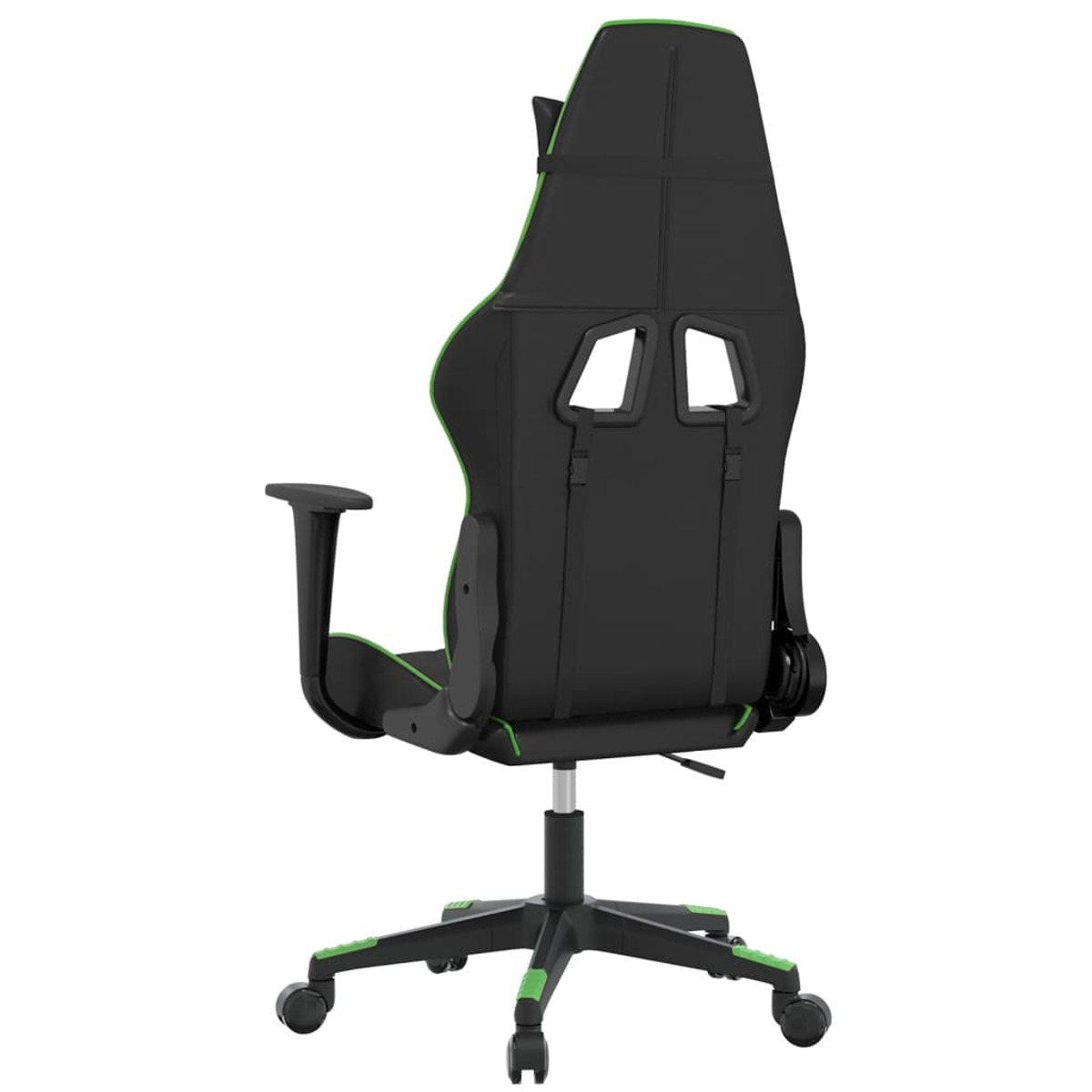 Rückansicht eines schwarzen Gaming-Stuhls mit grünen Zierleisten. Hohe Rückenlehne, Armlehnen, schwarzes Gestell.