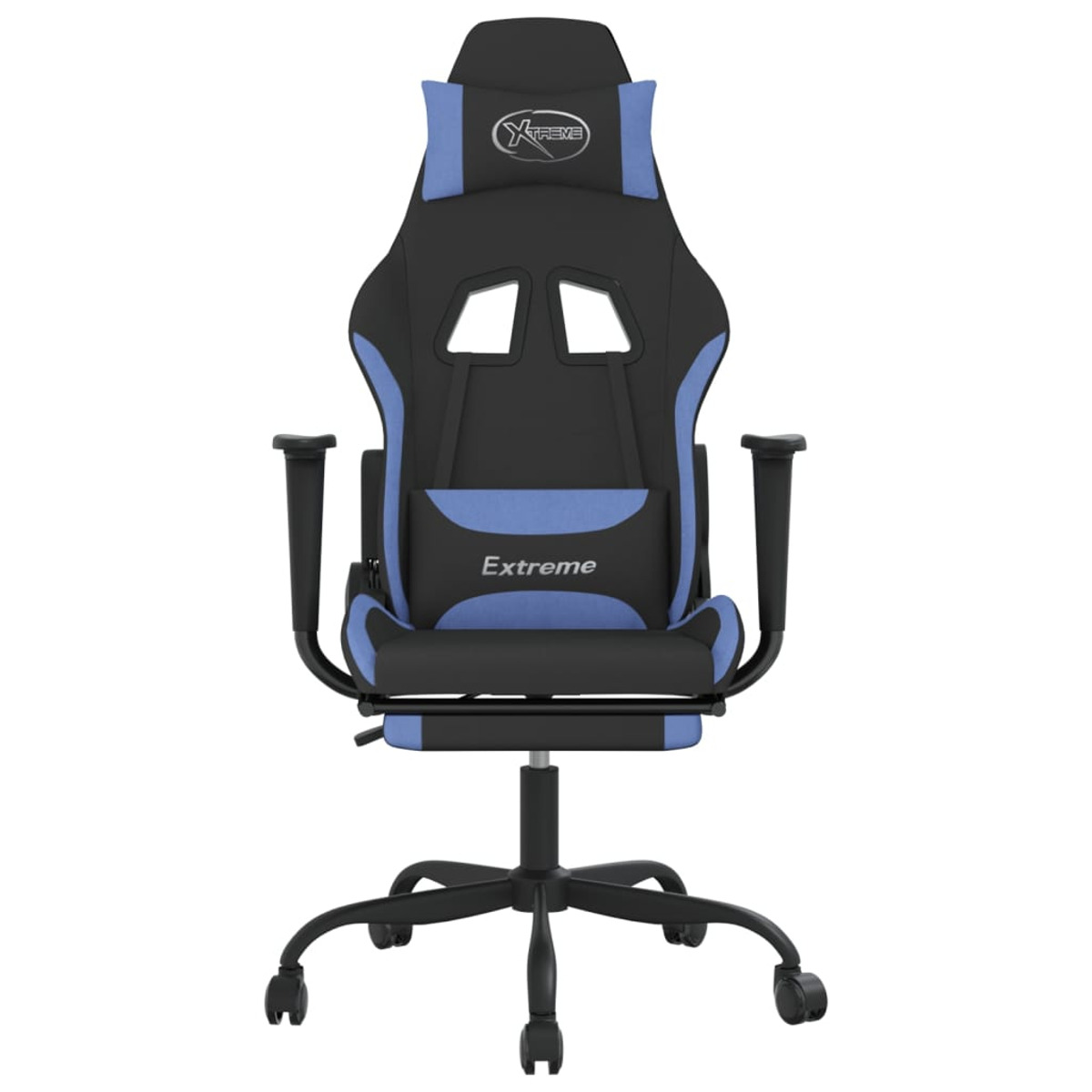 Schwarzer und blauer Gaming-Stuhl, Frontansicht. Mit Kopfstütze mit Logo, Armlehnen und schwarzem Fünf-Rad-Fuß.