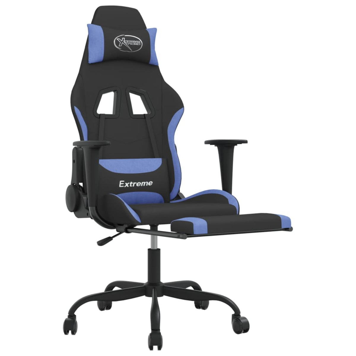 Gaming-Stuhl, schwarz und blau, mit Fußstütze und Extreme-Logo.