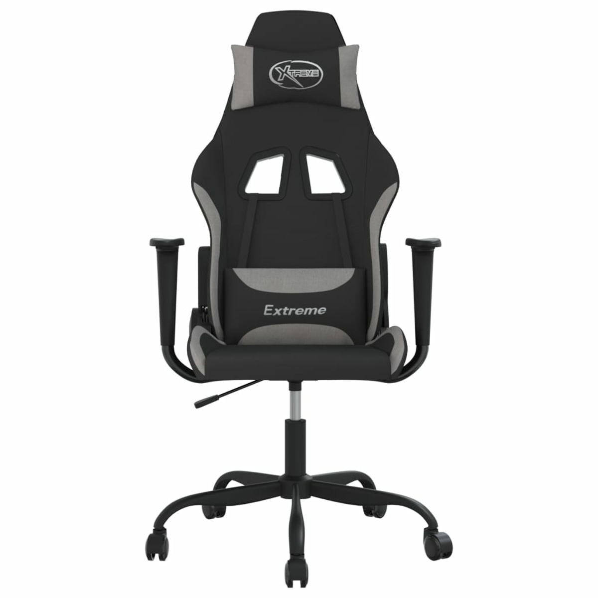 Gaming-Stuhl mit schwarzen, grauen und weißen Details. Frontansicht.