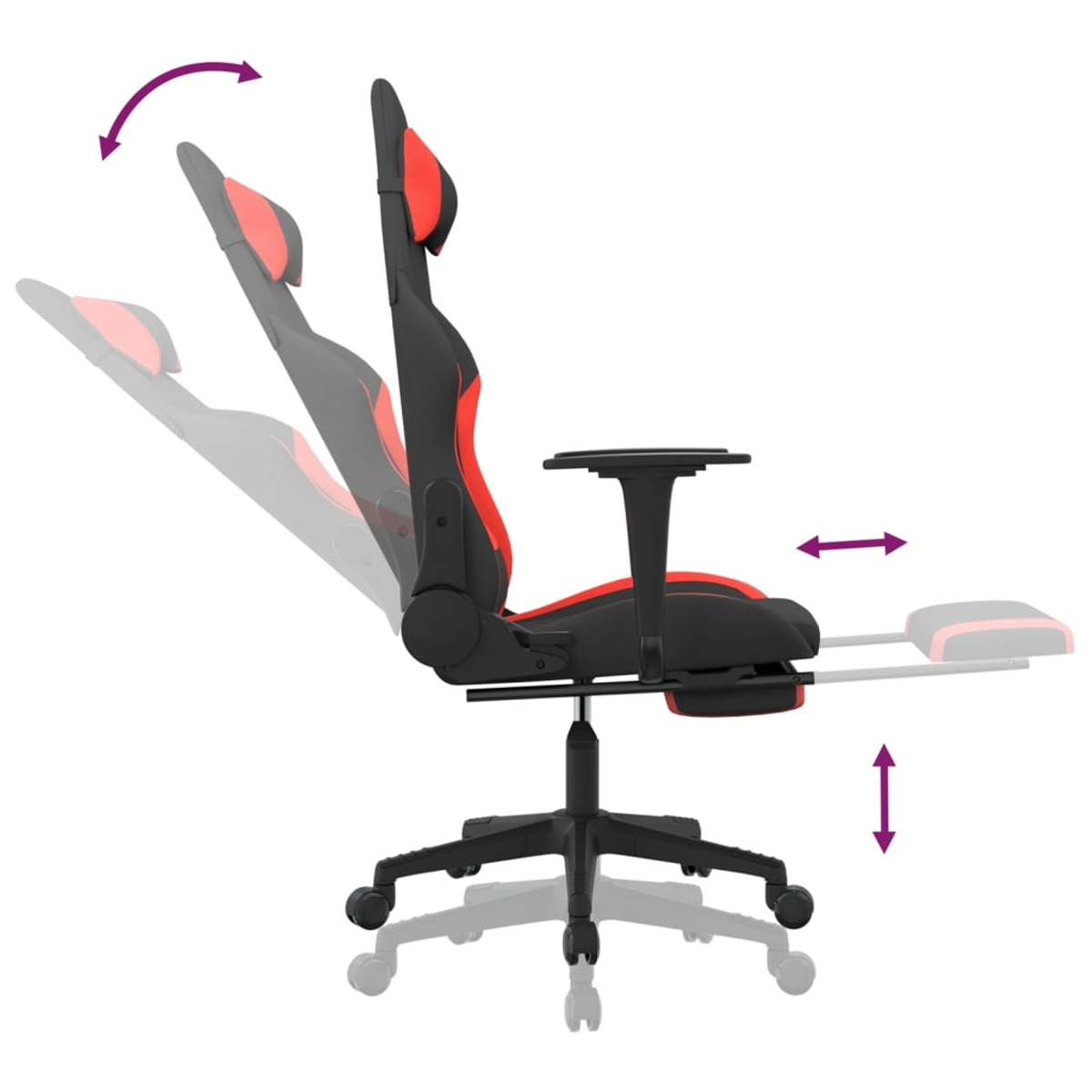 Gaming-Stuhl Seitenansicht, mit Pfeilen, die verstellbare Positionen anzeigen. Rot und Schwarz.