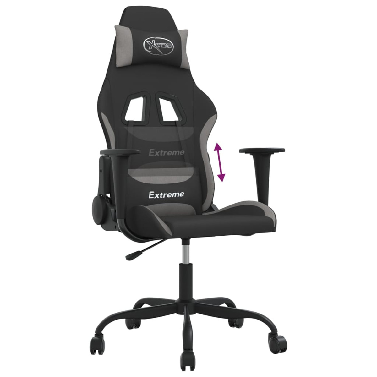 Ein schwarz-grauer Gaming-Stuhl. Der Stuhl hat Verstellungen für die Armlehnen. Er hat eine Kopfstütze mit 'Xtreme'.