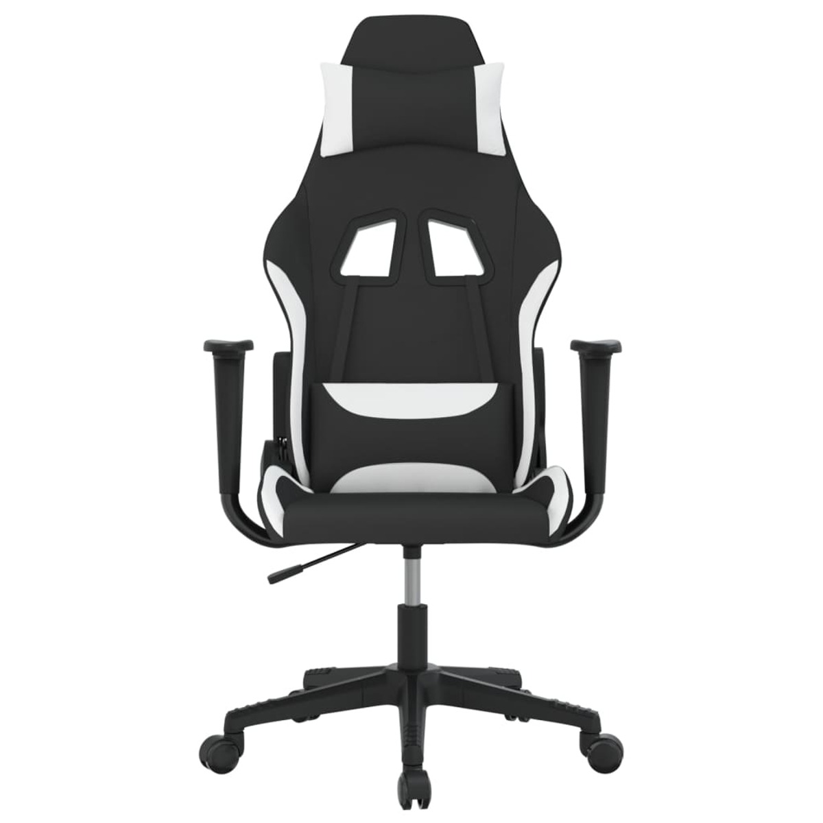 Gaming-Stuhl. Weißes, schwarzes Farbschema. Mit Kopfstütze, Armlehnen und Fünf-Rollen-Basis.
