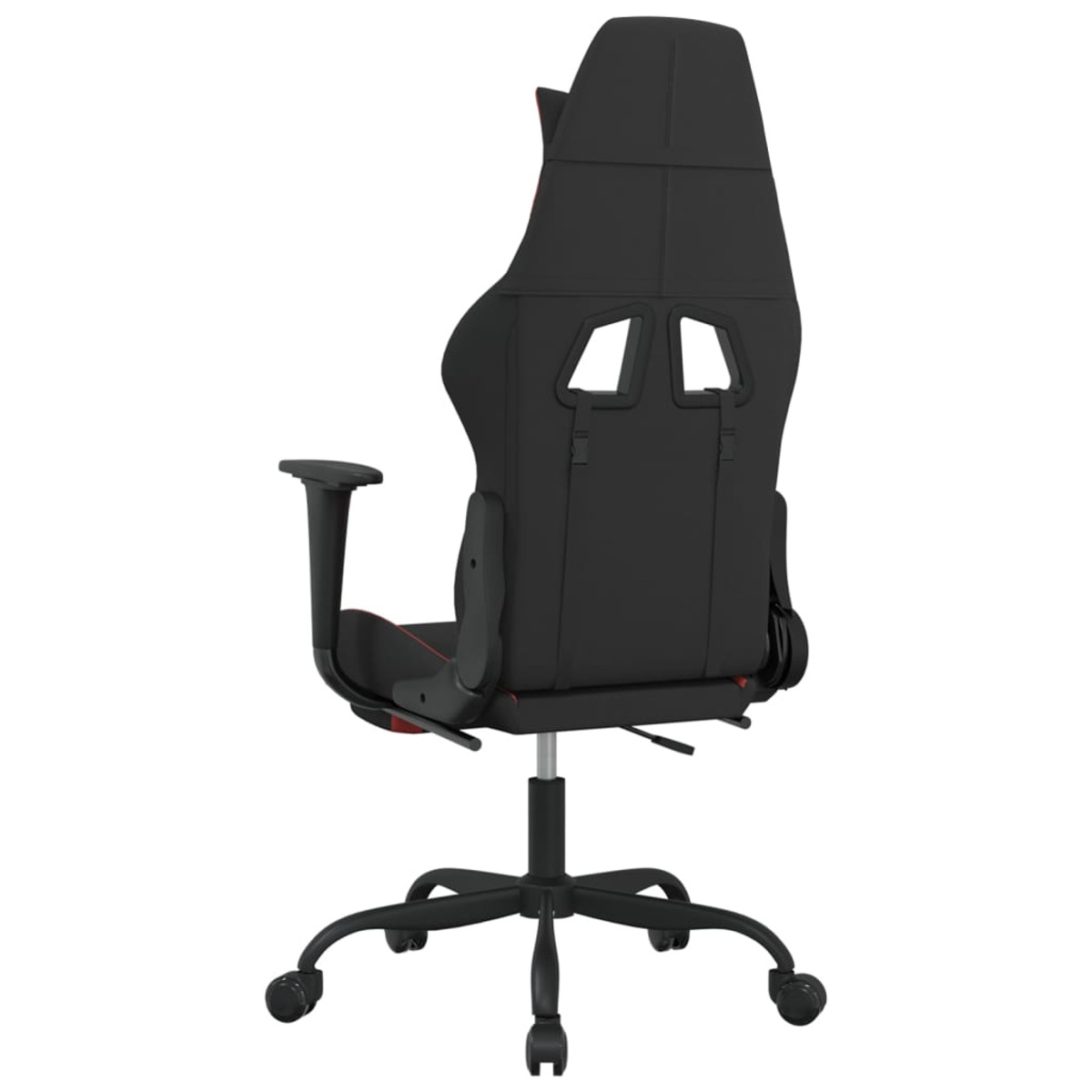 Schwarzer Gaming-Stuhl Rückansicht, rote Akzente. Kopfstütze, Armlehnen, Räder.