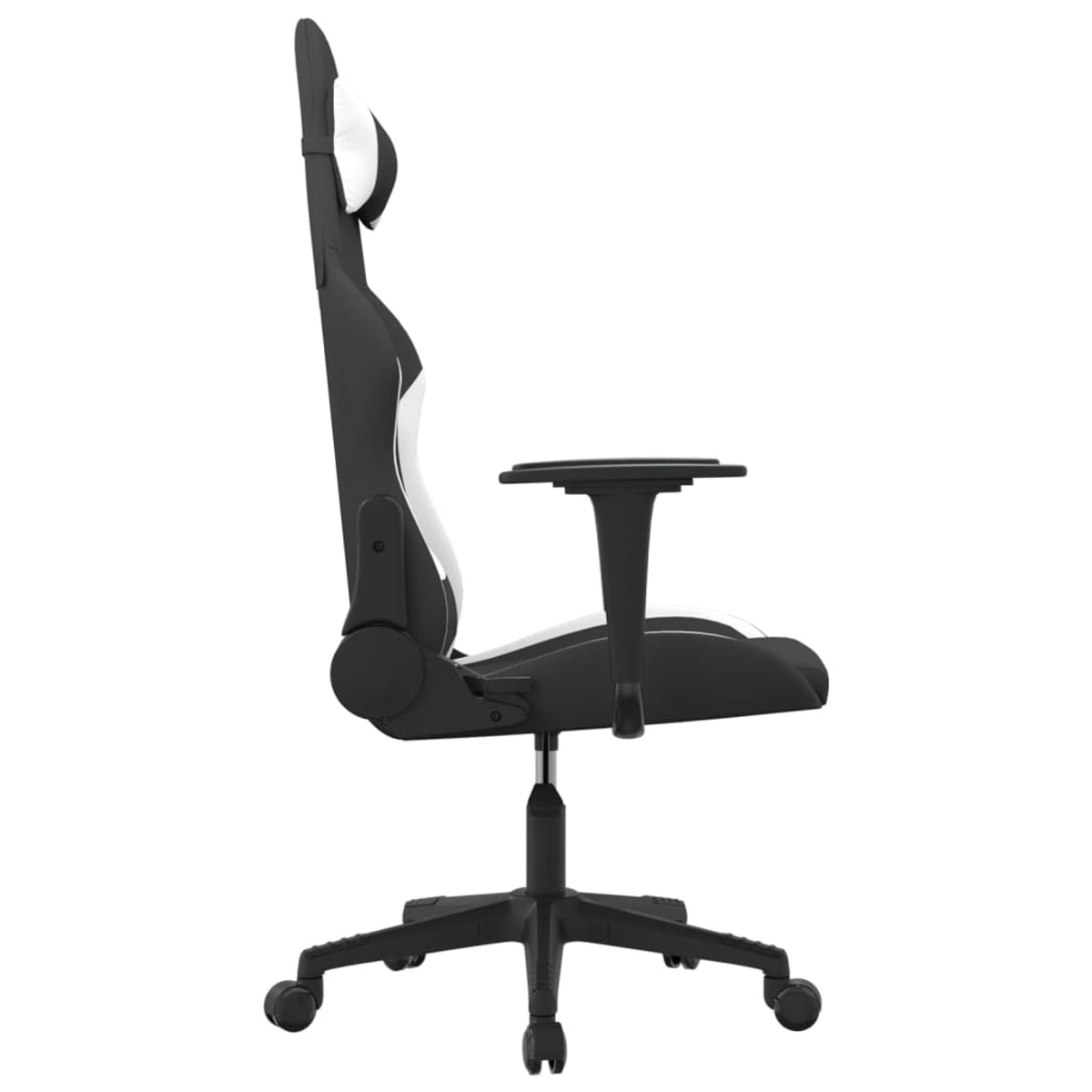 Schwarz-weißer Gaming-Stuhl, Seitenansicht, mit Armlehnen und Rädern.