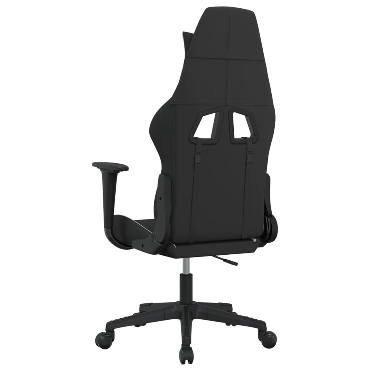 Schwarzer Gaming-Stuhl von hinten. Verfügt über eine geschwungene Rückenlehne und eine Kopfstütze. Weißer Hintergrund.