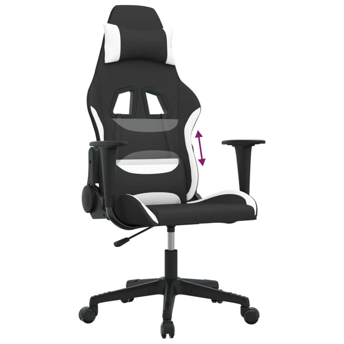 Schwarzer und weißer Gaming-Stuhl von vorne, zeigt die verstellbare Höhe.