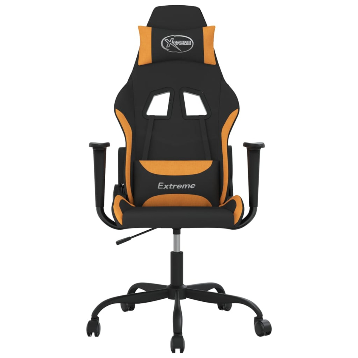 Ein schwarz-oranger Gaming-Stuhl mit Kopfstütze und Lendenwirbelstütze auf weißem Hintergrund.