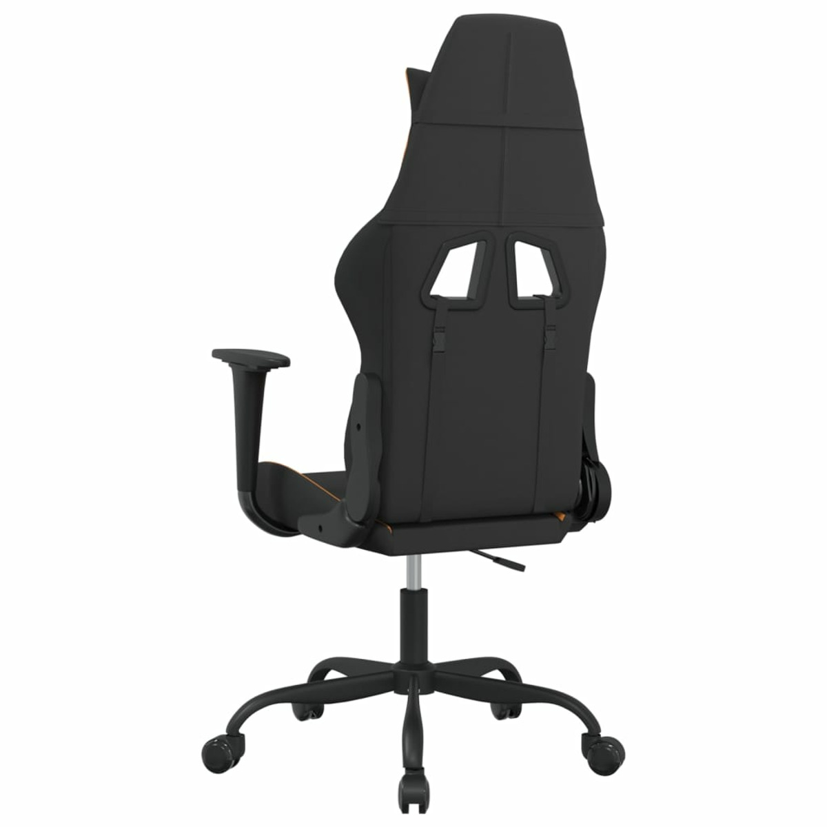 Rückansicht eines schwarz-orangenen Gaming-Stuhls auf weißem Grund.