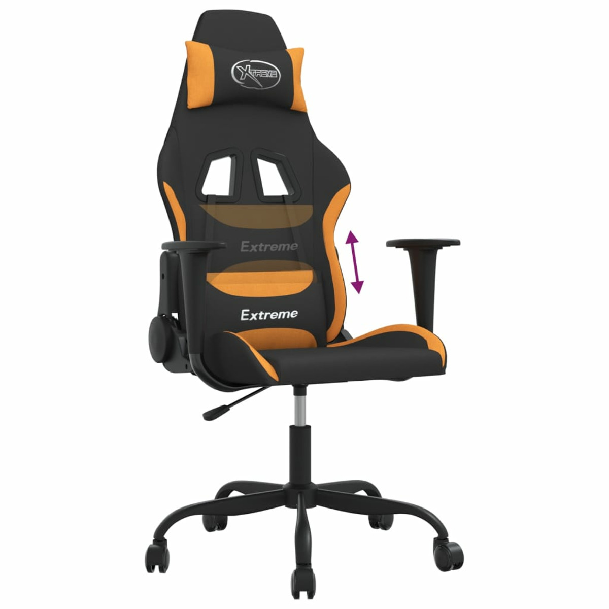 Schwarz-orangener Gaming-Stuhl. Armlehnen und Rückenlehne sind verstellbar. Wort "Extreme" sichtbar.