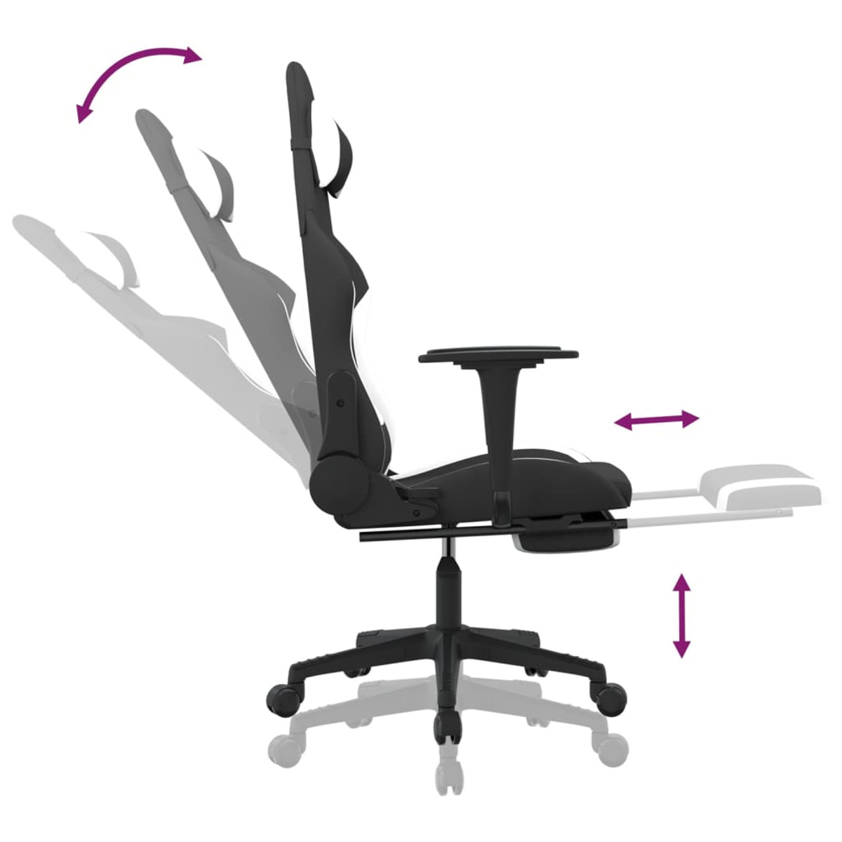 Ein Gaming-Stuhl mit Pfeilen, um seine verstellbaren Funktionen zu zeigen: Rücken-, Arm- und Beinlehne.