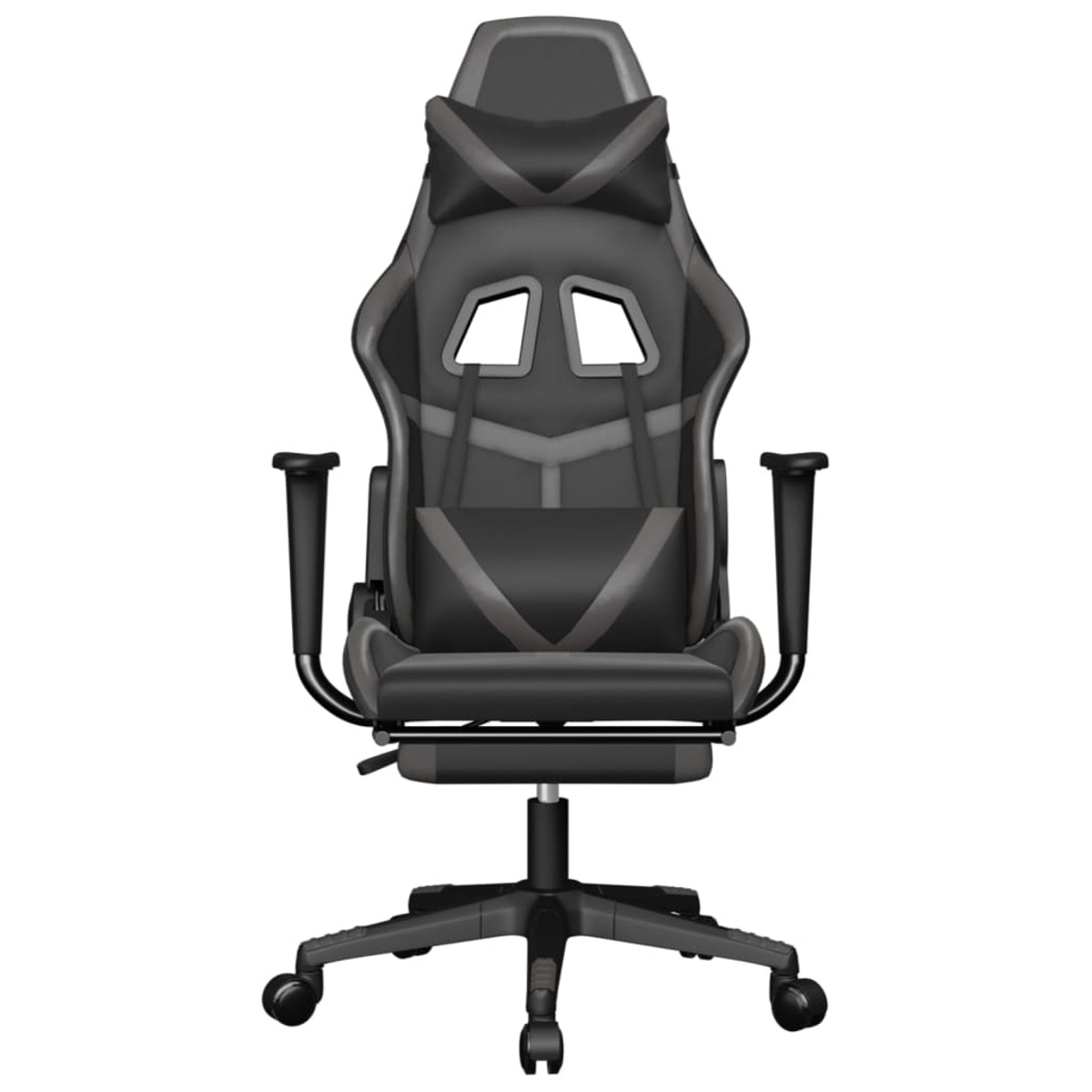Grauer Gaming-Stuhl mit Kopfstütze, Armlehnen und Rollen. Auf weißem Hintergrund.