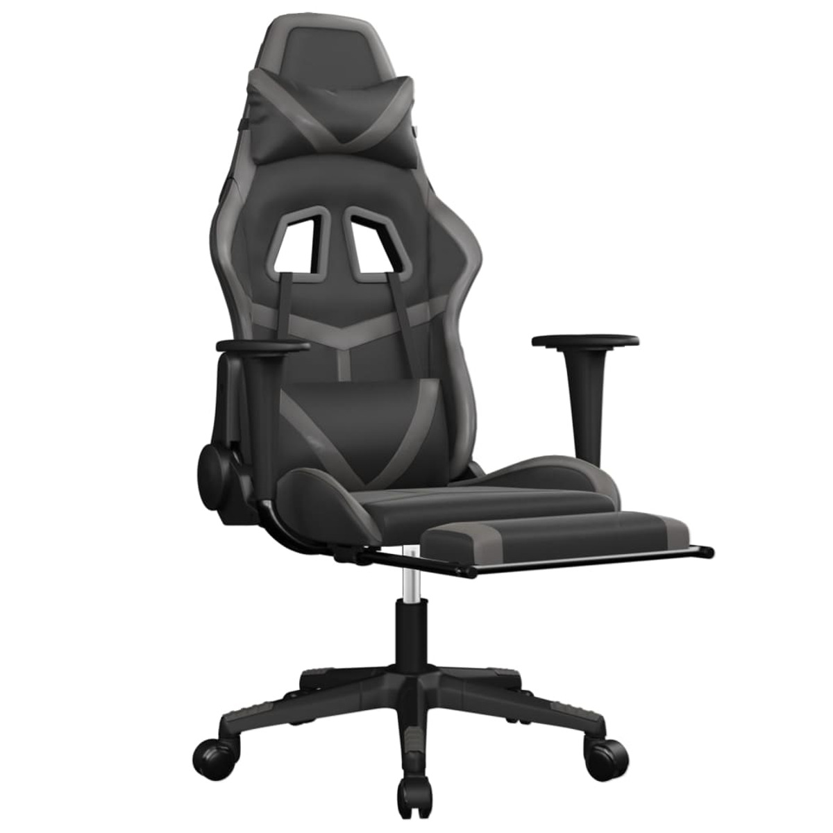 Grauer Gaming-Stuhl mit Fußstütze. Auf weißem Hintergrund. Mit Kopf- und Armlehnen.