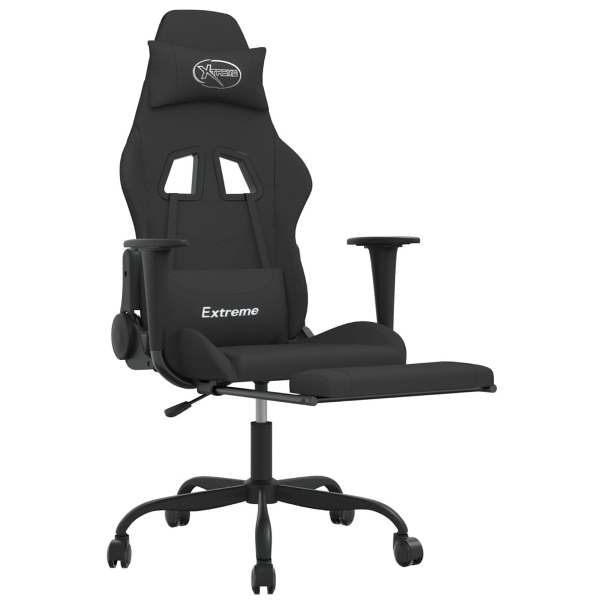 Ein schwarzer Gaming-Stuhl mit Kopf- und Fußstütze.