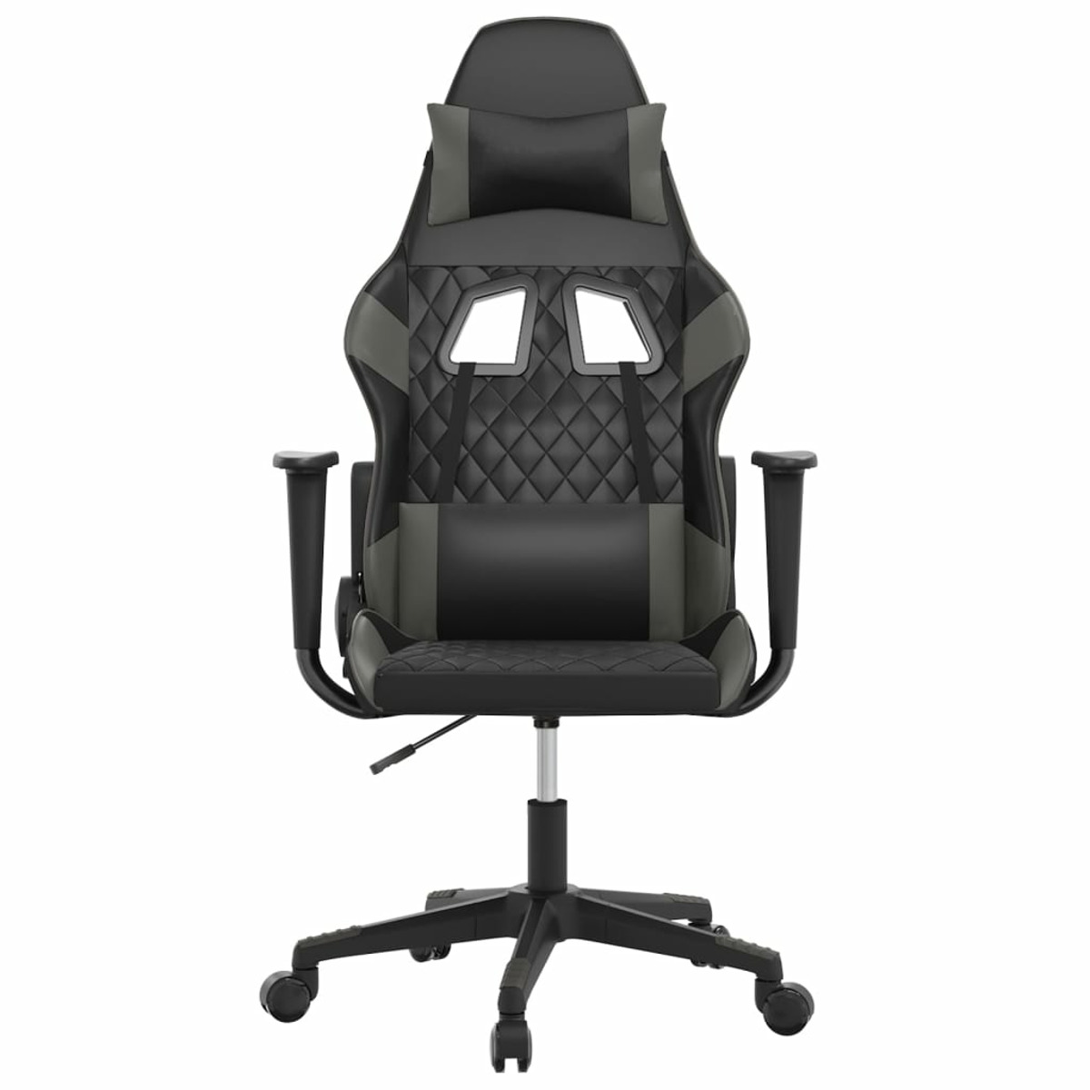 Gaming-Stuhl, Frontansicht, schwarz und grau mit Muster.