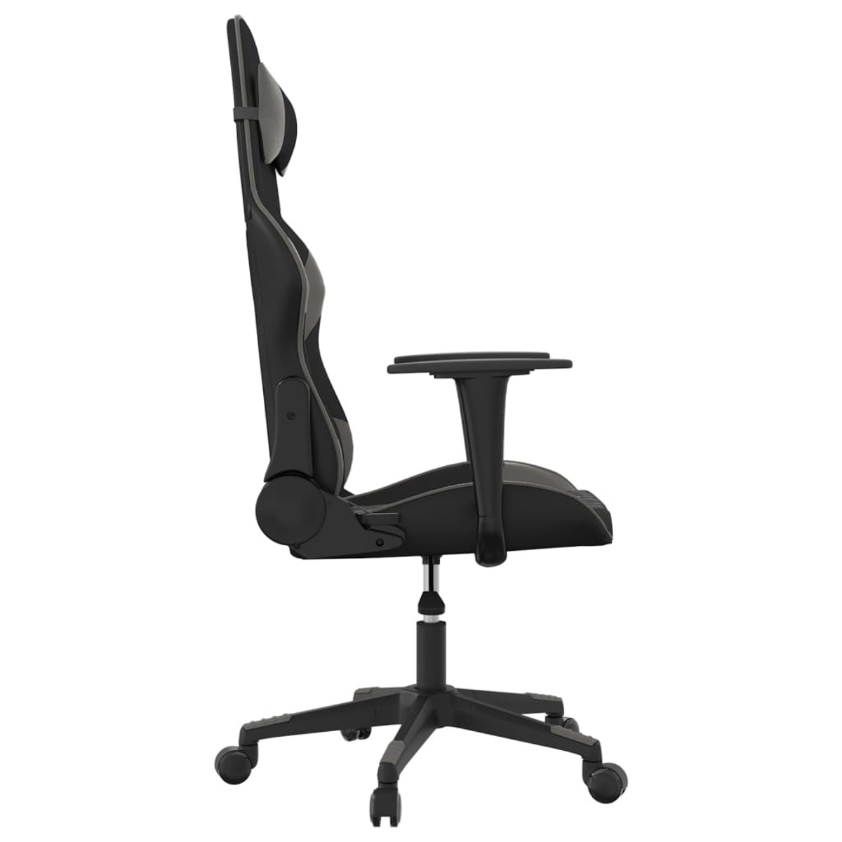 Seitenansicht eines schwarzen Gaming-Stuhls auf weißem Hintergrund.