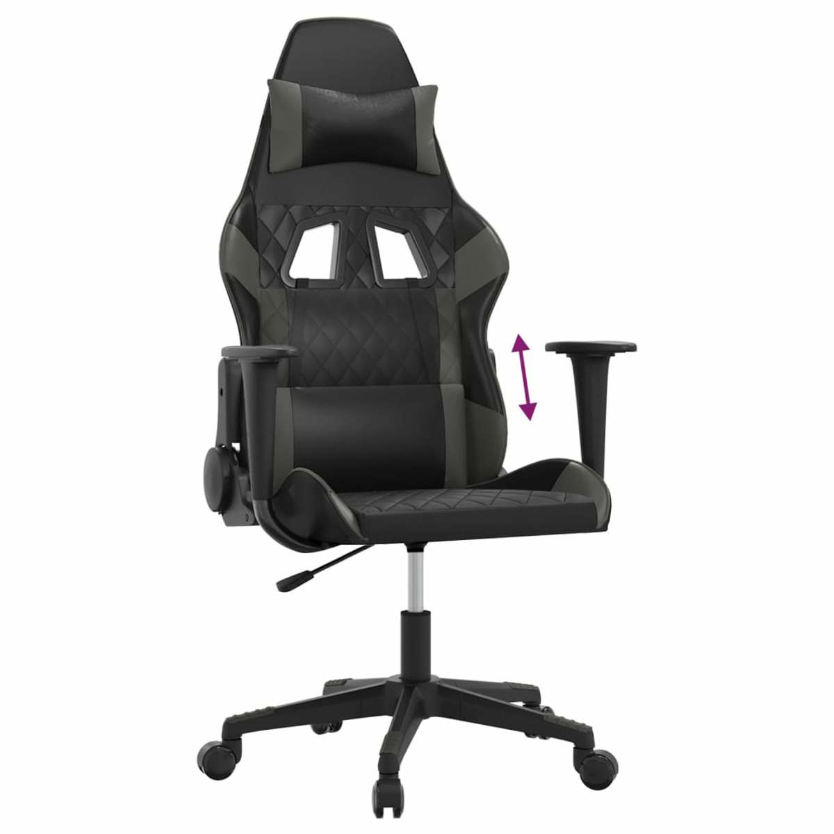 Grauer und schwarzer Gaming-Stuhl mit verstellbaren Armlehnen. Stuhl hat Kopfstütze und Rückenlehne.