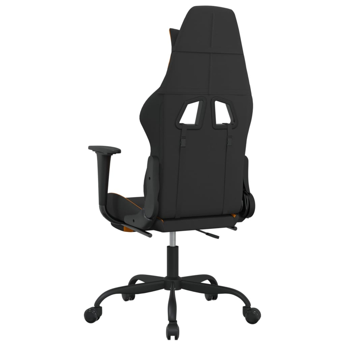 Schwarzer und orangener Gaming-Stuhl, Rückansicht. Räder und Armlehnen sind sichtbar.