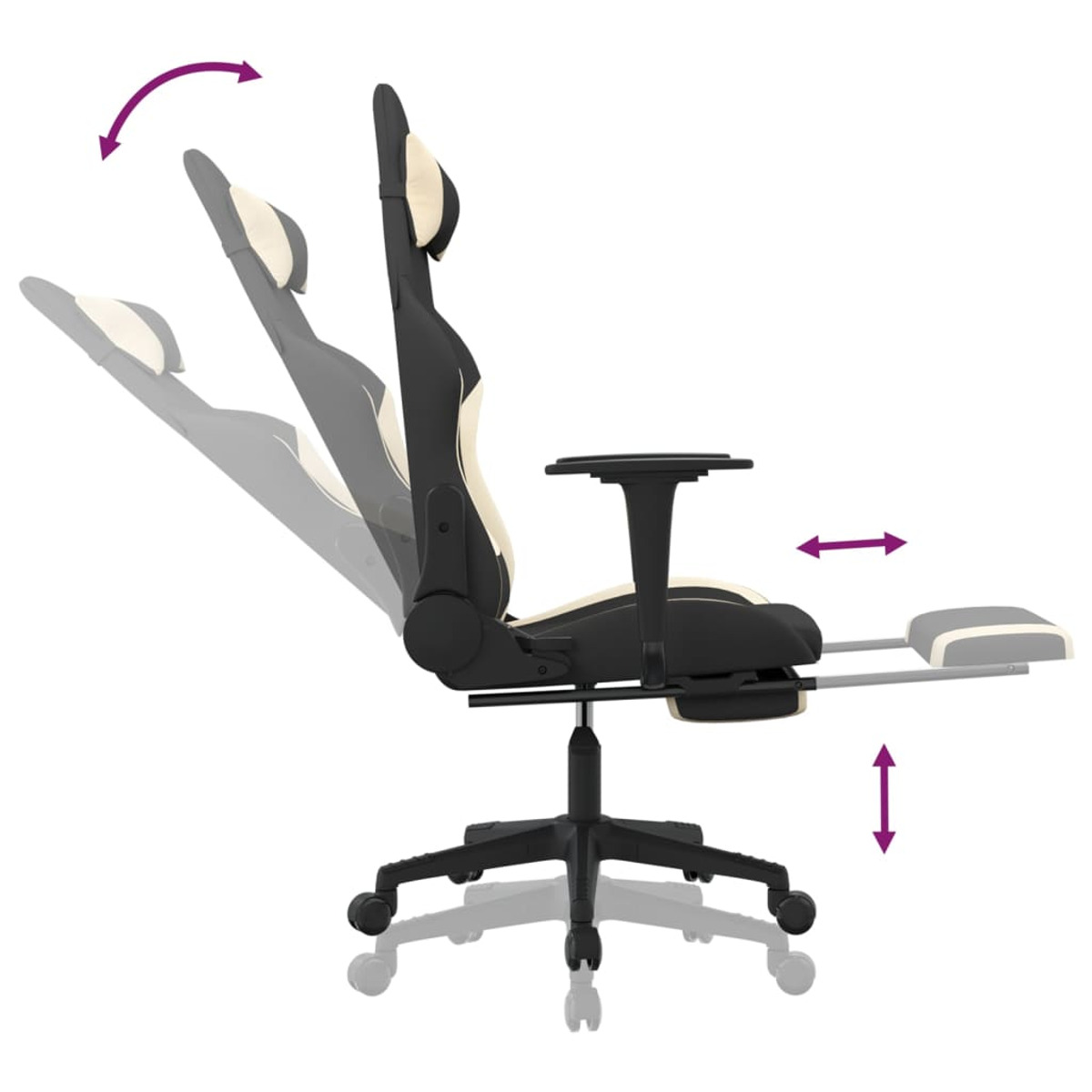 Ein Gaming-Stuhl in Bewegung, Einstellungen werden angezeigt, Kopfstütze, Rückenlehne und Beinauflage. Schwarz-Weiß-Design.