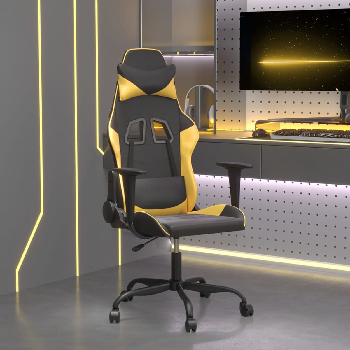 Gaming-Stuhl, schwarz und gelb, in moderner Umgebung. Monitor und Lichter sichtbar.