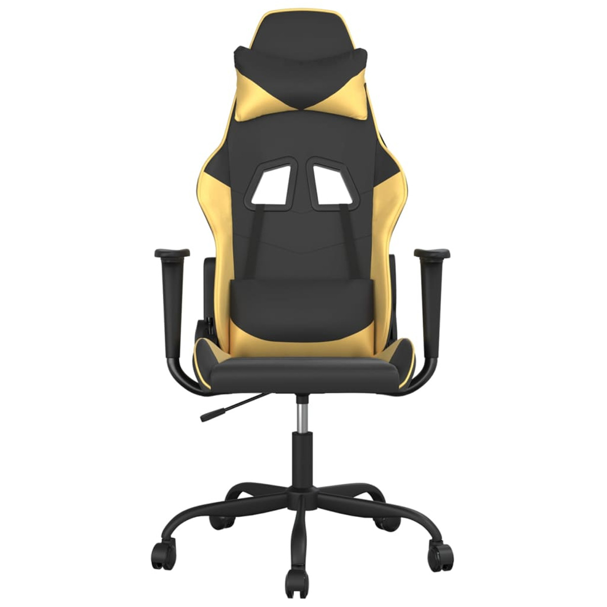 Gelb-schwarzer Gaming-Stuhl. Schwarze Armlehnen und Basis. Der Stuhl hat eine hohe Rückenlehne und eine Kopfstütze.