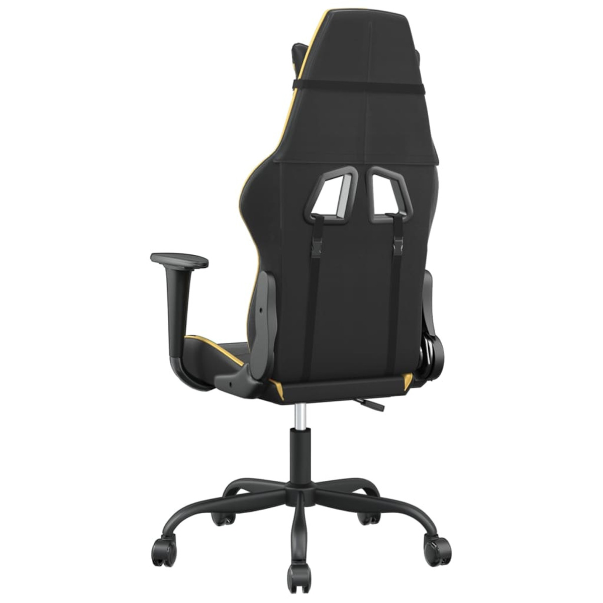 Gaming-Stuhl von hinten, schwarz mit gelben Akzenten. Verfügt über eine hohe Rückenlehne und Armlehnen. Weißer HG.